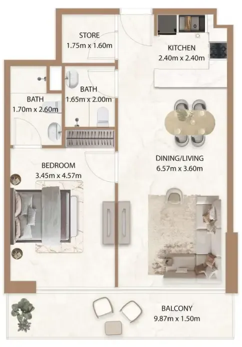 Veda by AUM Development 1 bed floor plan, 814 sqft