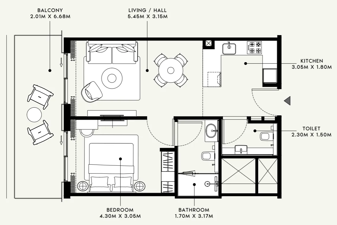 Azizi Venice 1 bed floor plan, 733 sqft