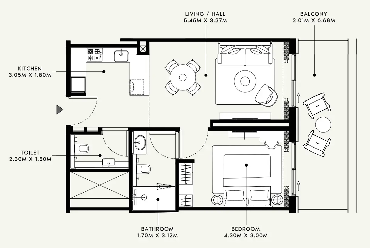 Azizi Venice 1 bed floor plan, 740 sqft
