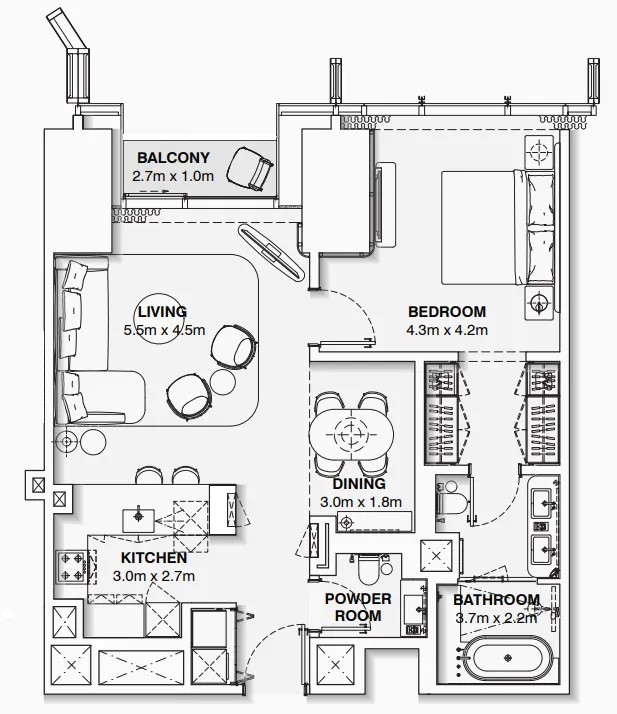 Burj Azizi 1 bed floor plan, 936 sqft