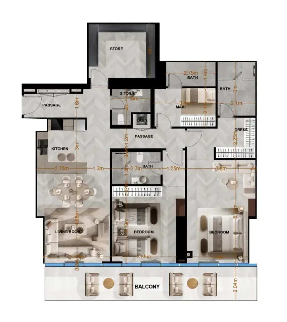 Radiant Terrace 2 bed floor plan, 1,745 sqft