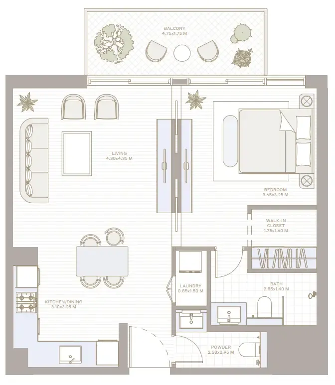 Alder in Park Five 1 bed floor plan, 798 sqft