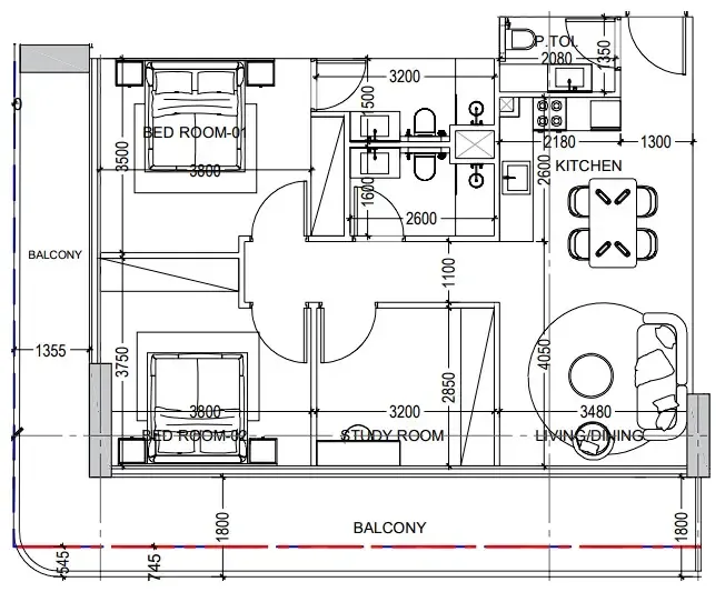 Al Haseen Residences 6 2 bed floor plan, 1,305 sqft