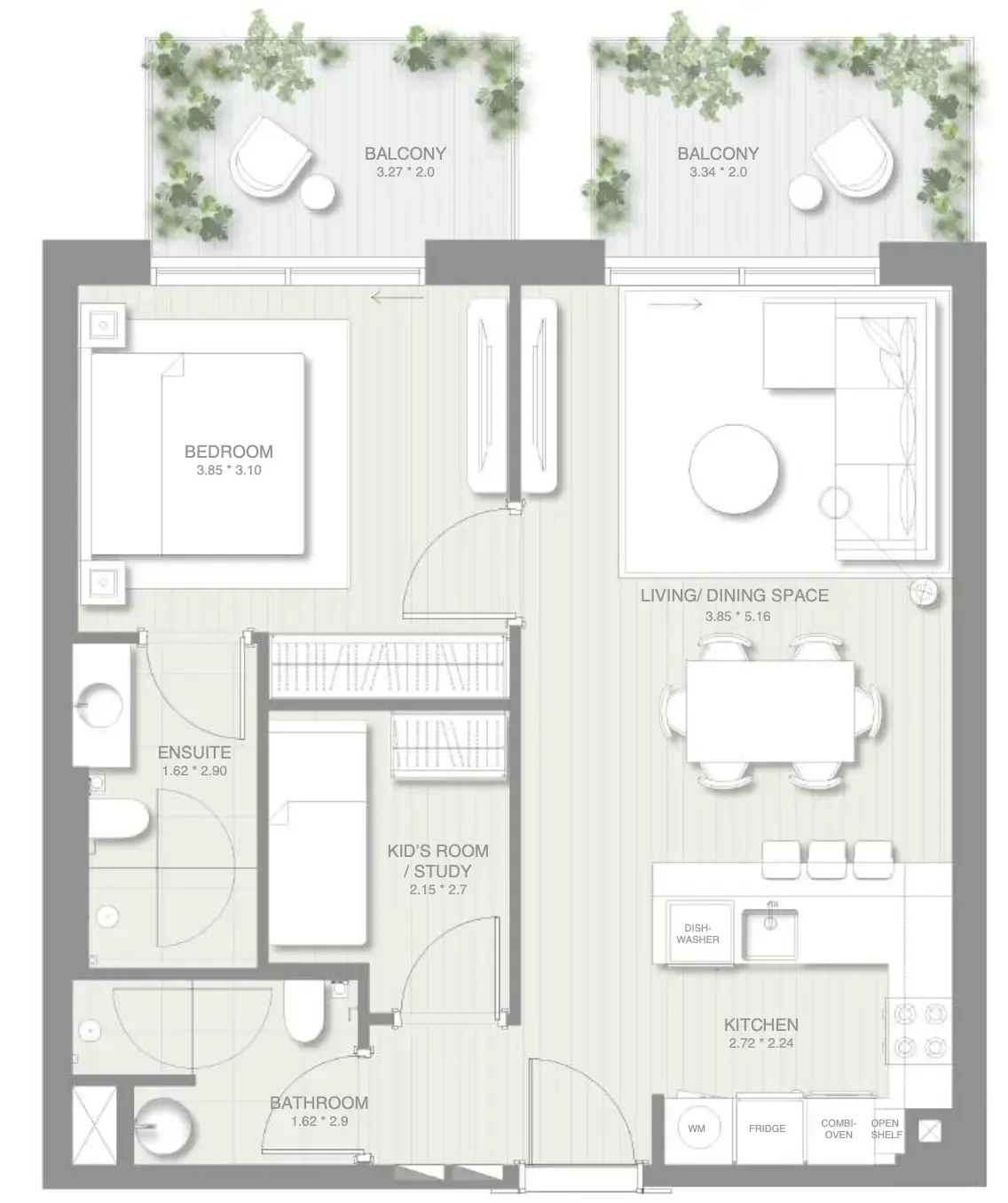 Sol Levante 1 bed floor plan, 845 sqft