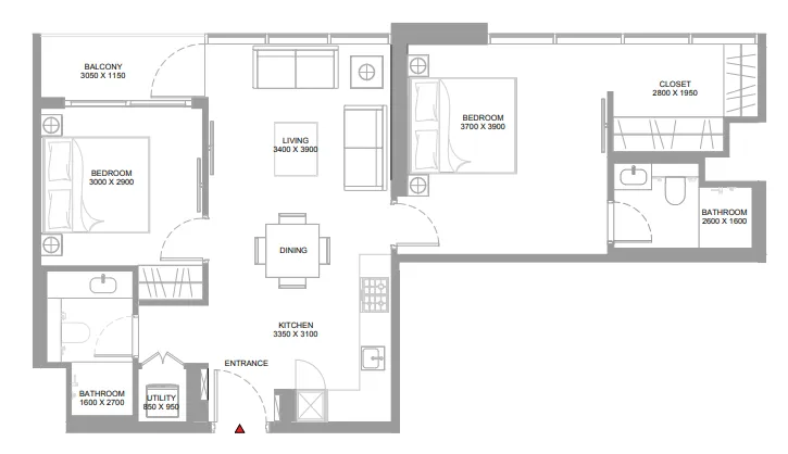 Pristine Beach Residences 2 bed floor plan, 840 sqft