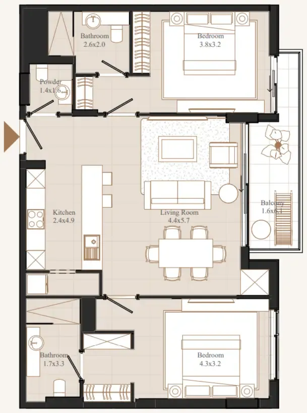 Flamingo LUX 2 bed floor plan, 1,095 sqft