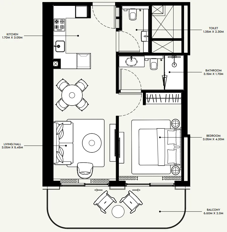 Azizi Venice 1 bed floor plan, 730 sqft