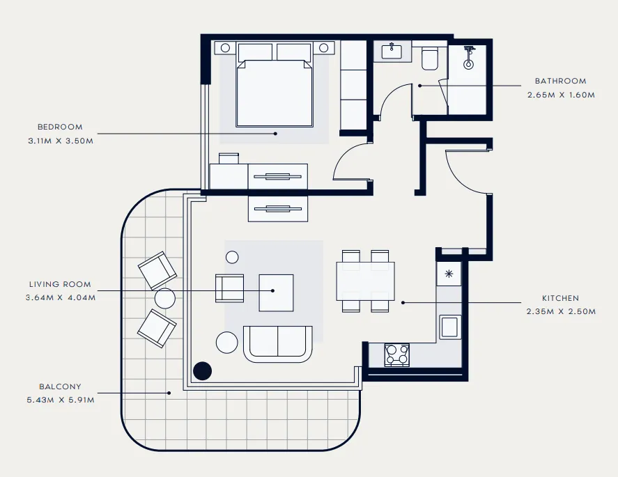 Azizi Venice 1 bed floor plan, 748 sqft