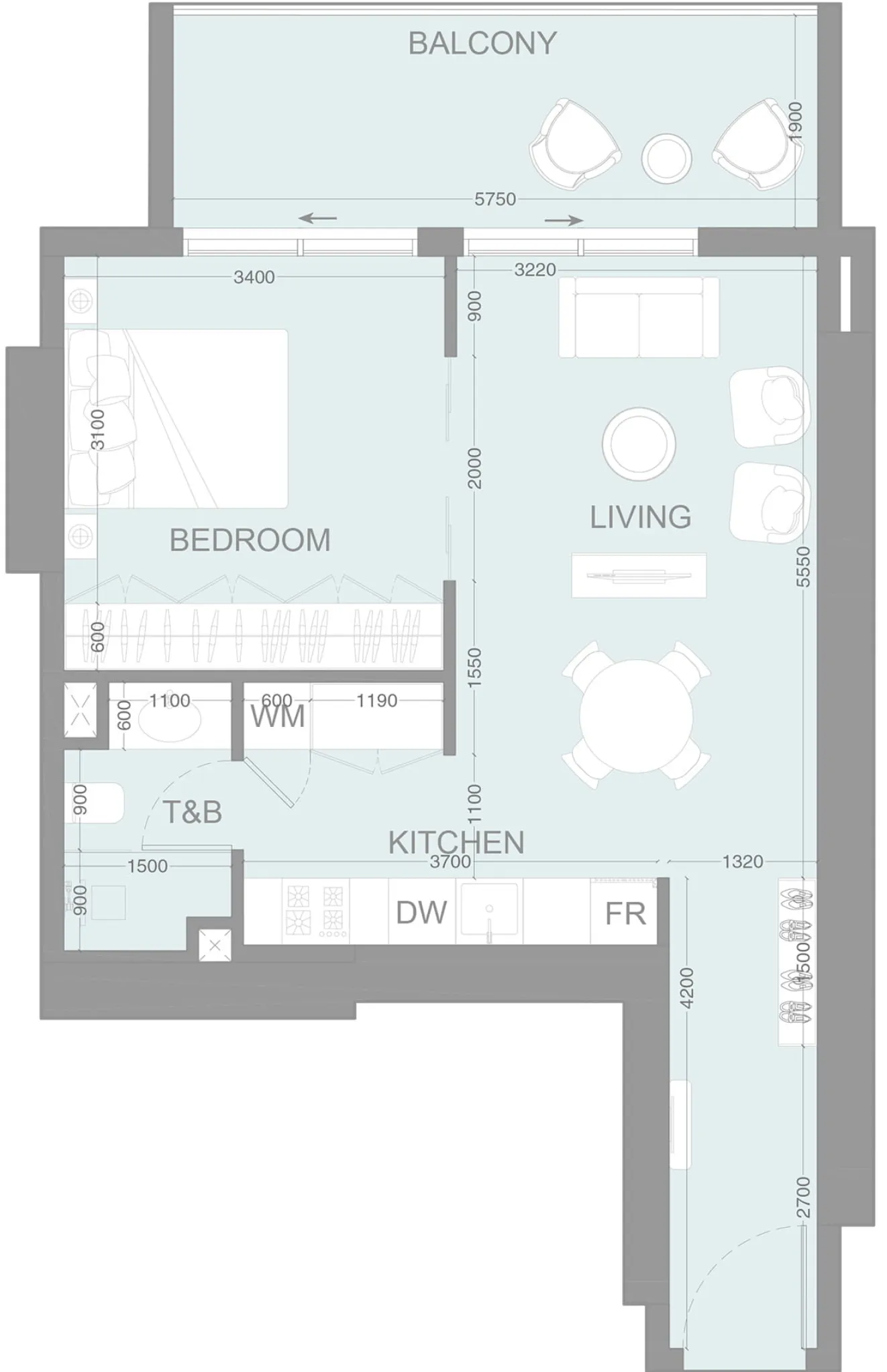 LUM1NAR 1 bed floor plan, 701 sqft