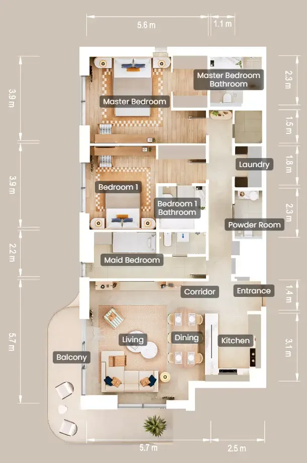 The Beach House Fahid 2 bed floor plan, 1,612 sqft