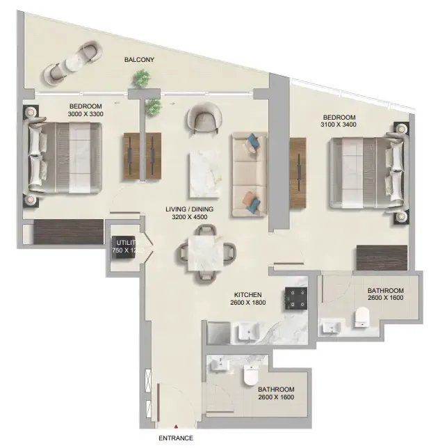 The Tranquil at Sobha Central 2 bed floor plan, 860 sqft