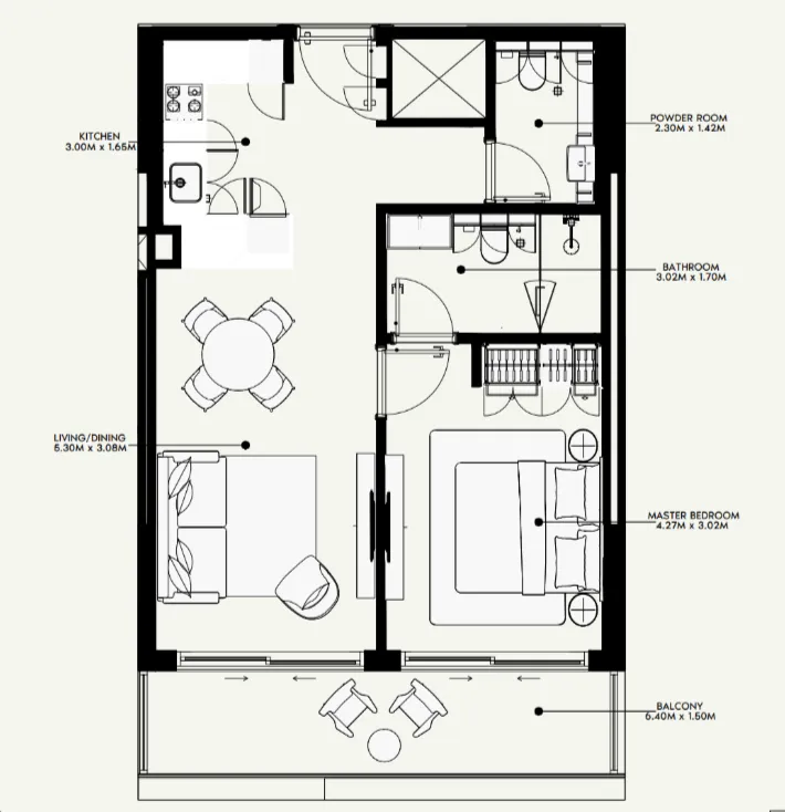 Azizi Venice 1 bed floor plan, 668 sqft
