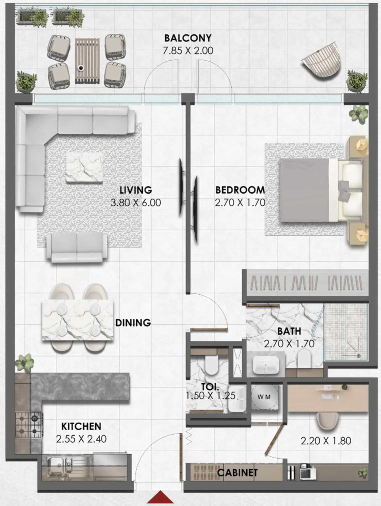 Waref Residences 1 bed floor plan, 891 – 893 sqft
