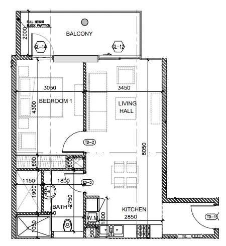 Oak Yard 1 bed floor plan, 736 sqft