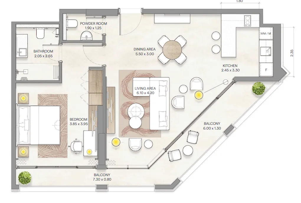 Bloom Arjaan by Rotana  1 bed floor plan, 969 sqft