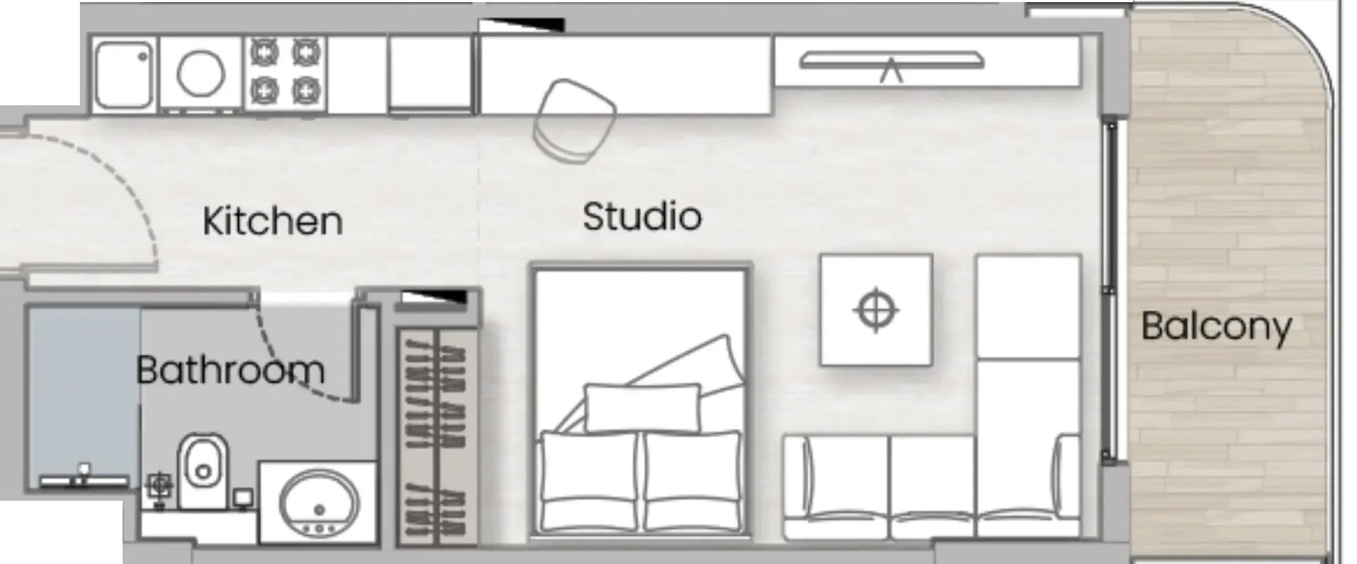 One Beverly Studio floor plan, 388 sqft