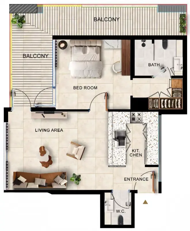 Kingdom Gate 1 bed floor plan, 971 sqft