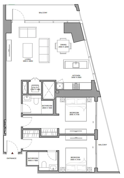 The Eden at Sobha Central 2 bed floor plan, 1,202 sqft
