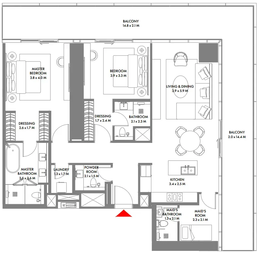 W The Residences by Arada 2 bed floor plan, 1,950 sqft