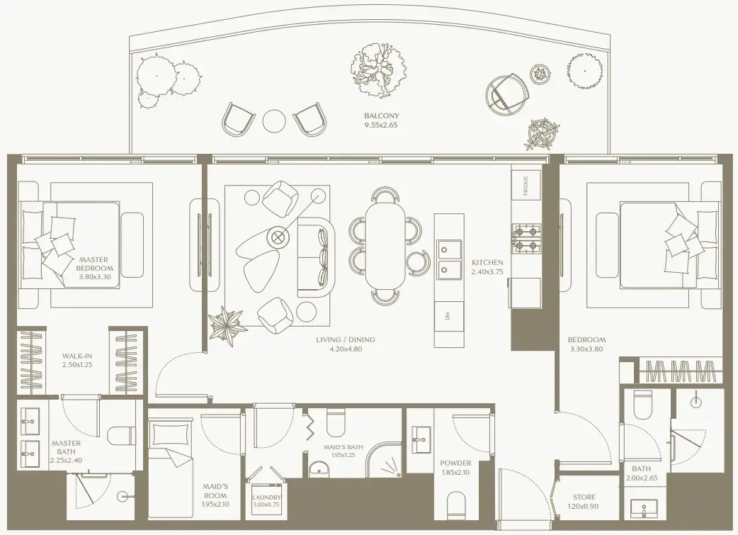 AYA Beachfront Residences 2 bed floor plan, 1,341 – 1,348 sqft
