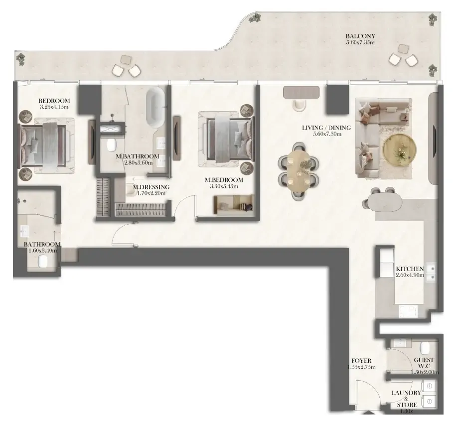 Jumeirah Residences at Al Maryah Island 2 bed floor plan, 2,046 sqft