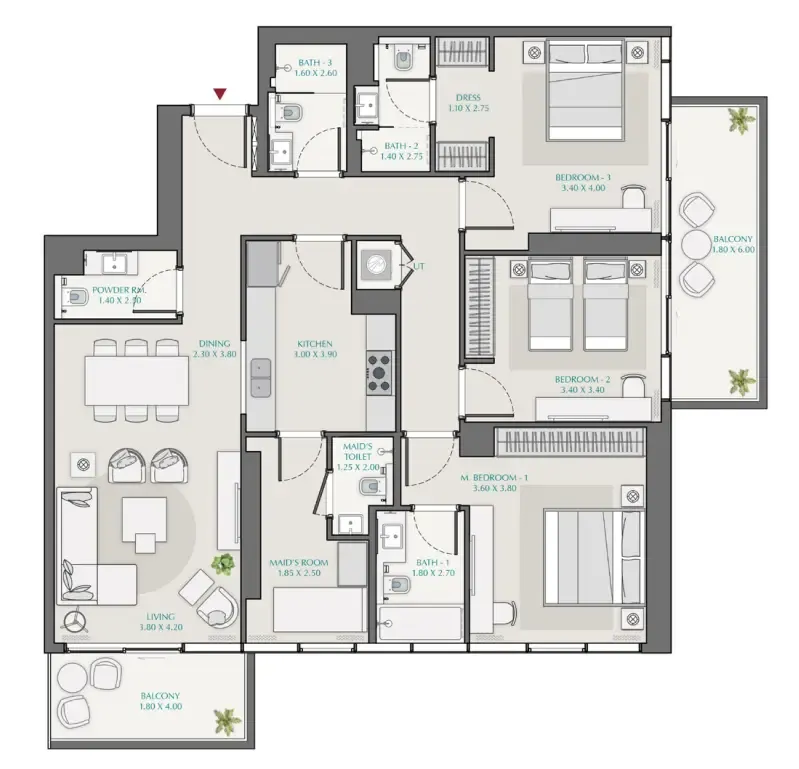 Avenue Park Towers 1 at Wasl 1 3 bed floor plan, 1,751 sqft
