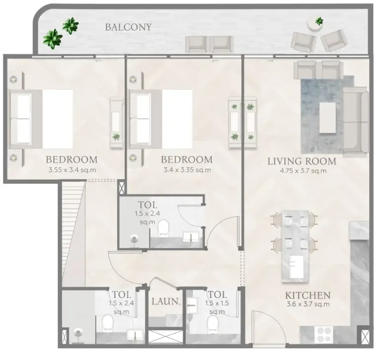Casa Aura Residence 2 bed floor plan, 1,073 sqft