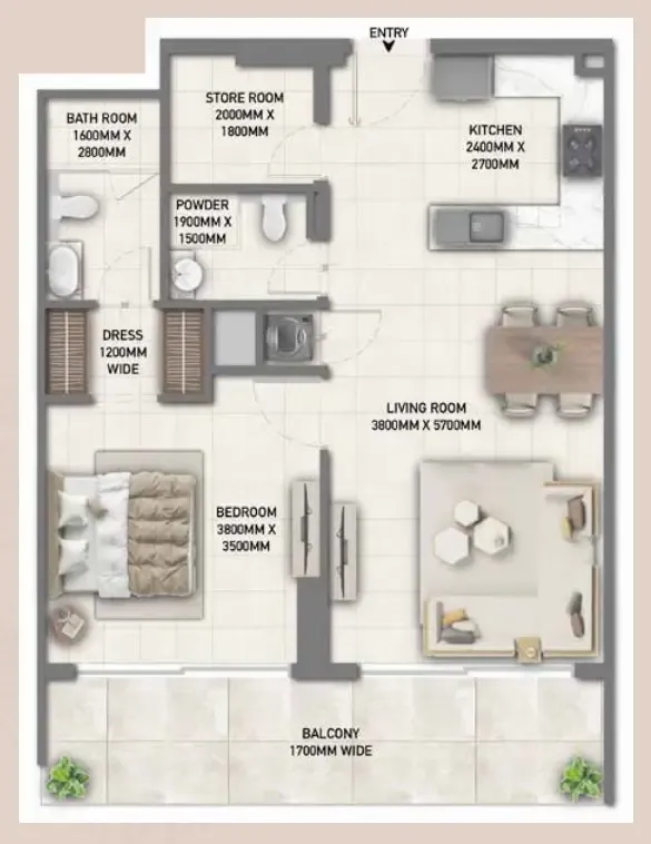 Blossom 40 1 bed floor plan, 864 sqft
