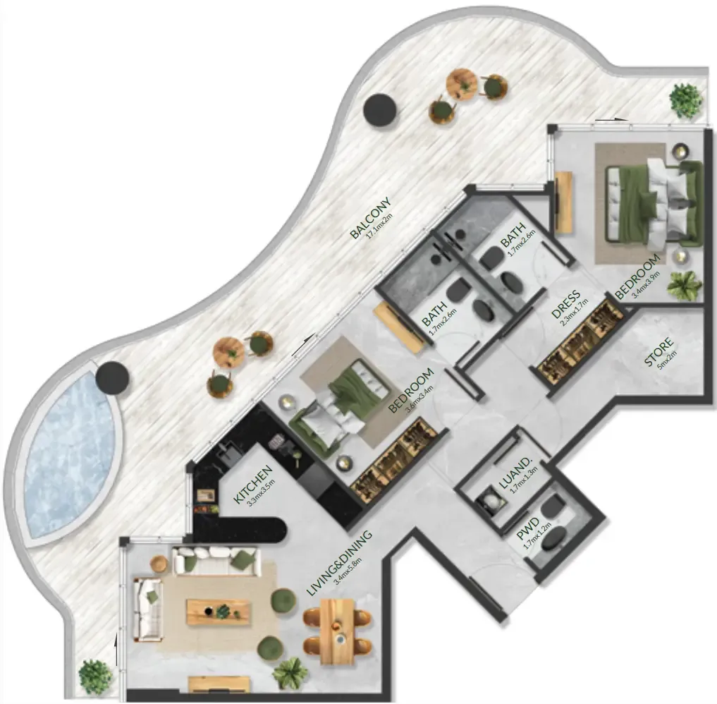 Aqua Maya 2 bed floor plan, 1,627 sqft