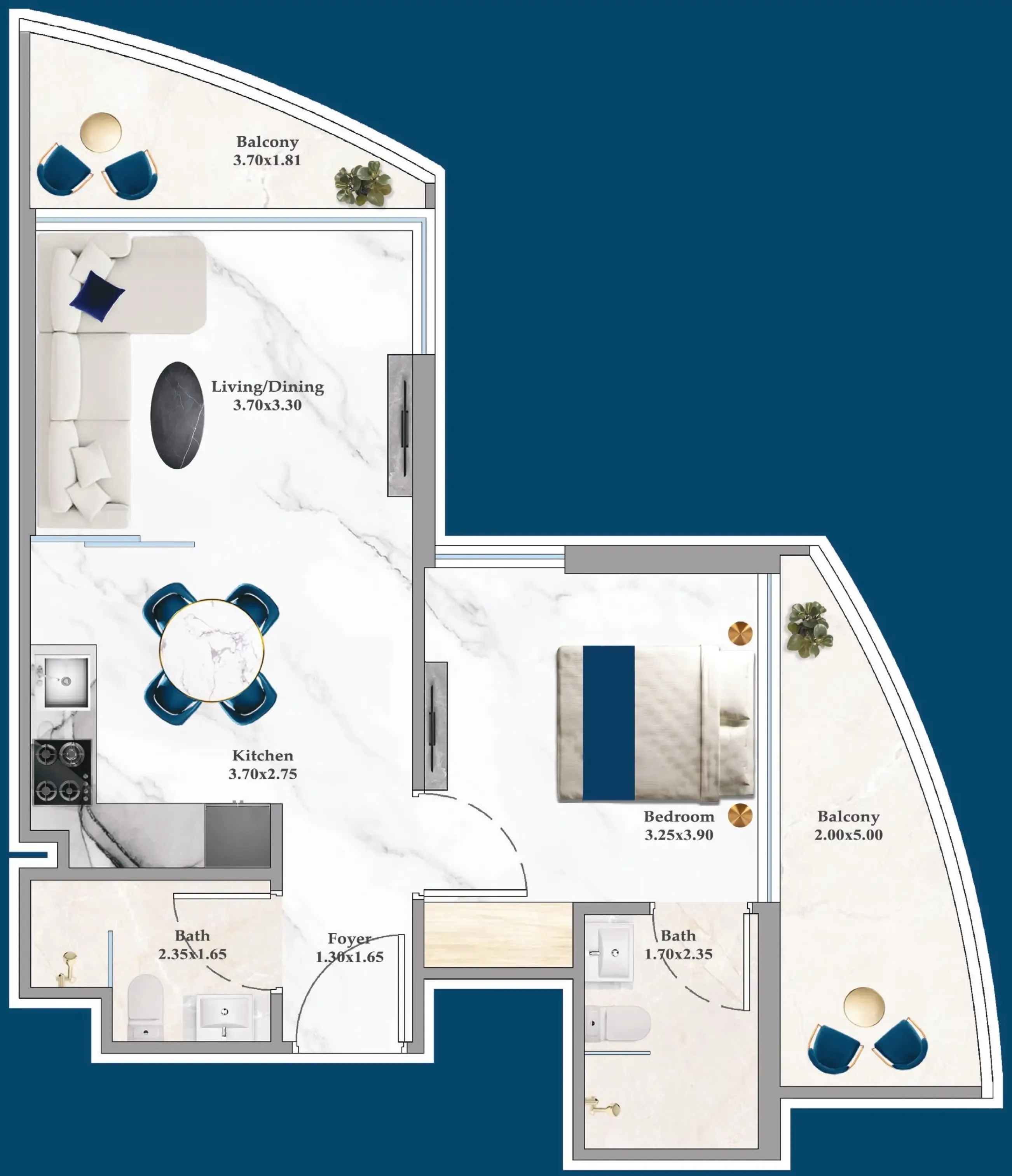 Serenz 1 bed floor plan, 596 sqft