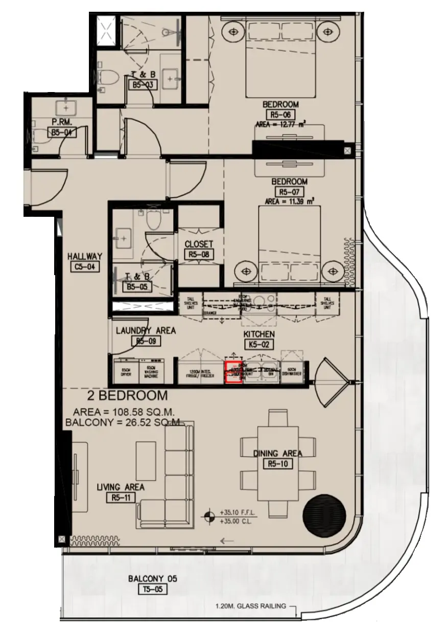 Azha Millennium Residences 2 bed floor plan, 1,454 sqft