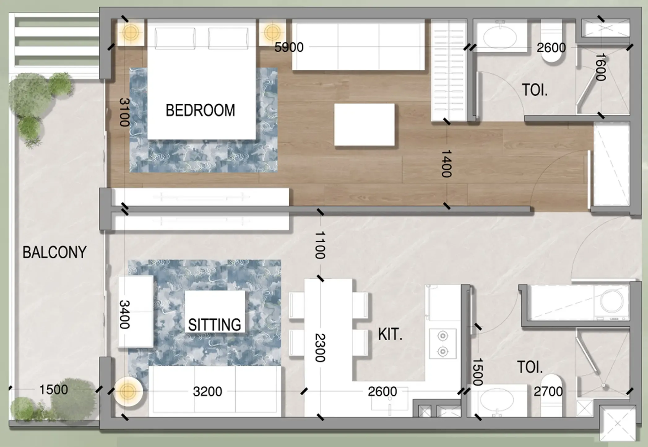 Oasis Residences 1 bed floor plan, 728 – 731 sqft