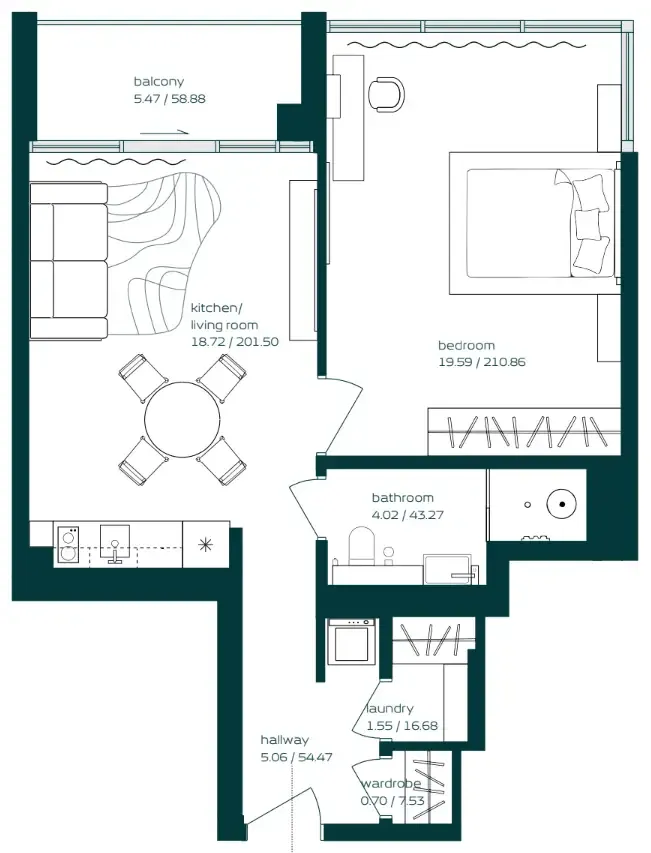 Vibe 1 bed floor plan, 669 sqft