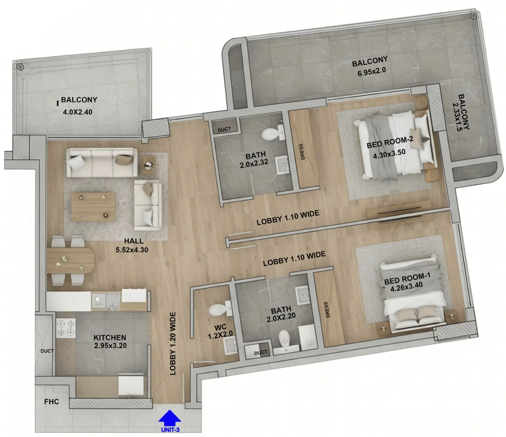 RR Residence 2 bed floor plan, 1,298 sqft