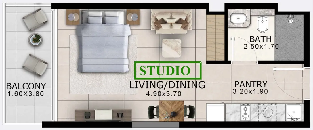 Arlington Park Studio floor plan, 413 sqft