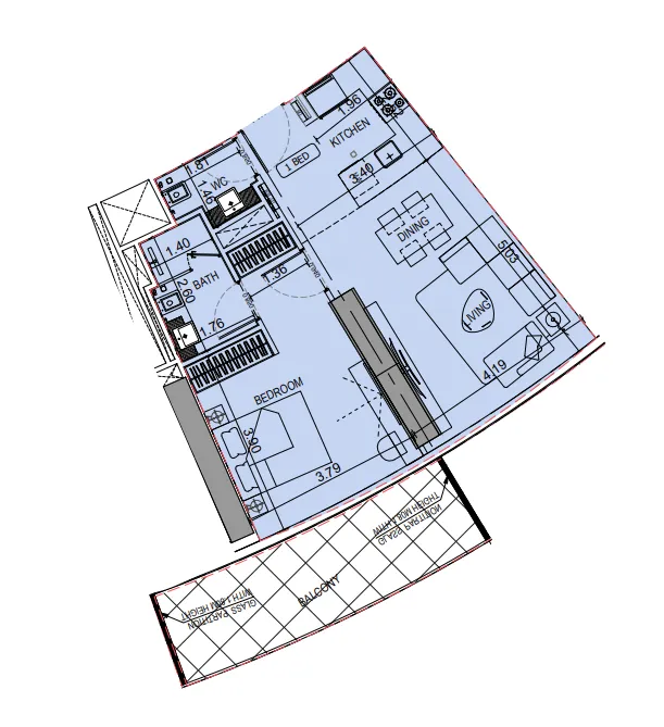 Binghatti Flare 1 bed floor plan, 860 sqft