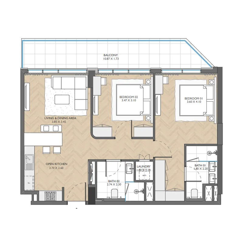 The Collective 2 bed floor plan, 1,092 sqft