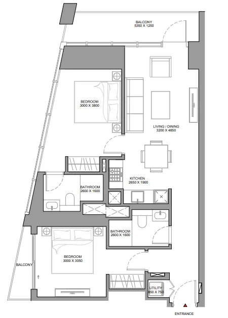 The Horizon at Sobha Central 2 bed floor plan, 957 sqft
