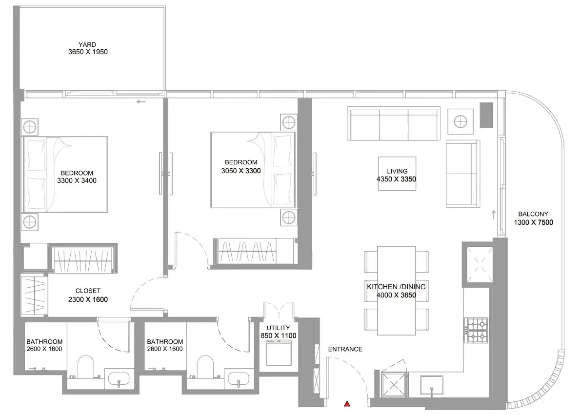Bayfront Marina Residences 2 bed floor plan, 1,064 – 1,066 sqft
