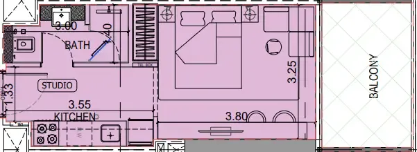 Binghatti Vintage Studio floor plan, 372 – 376 sqft