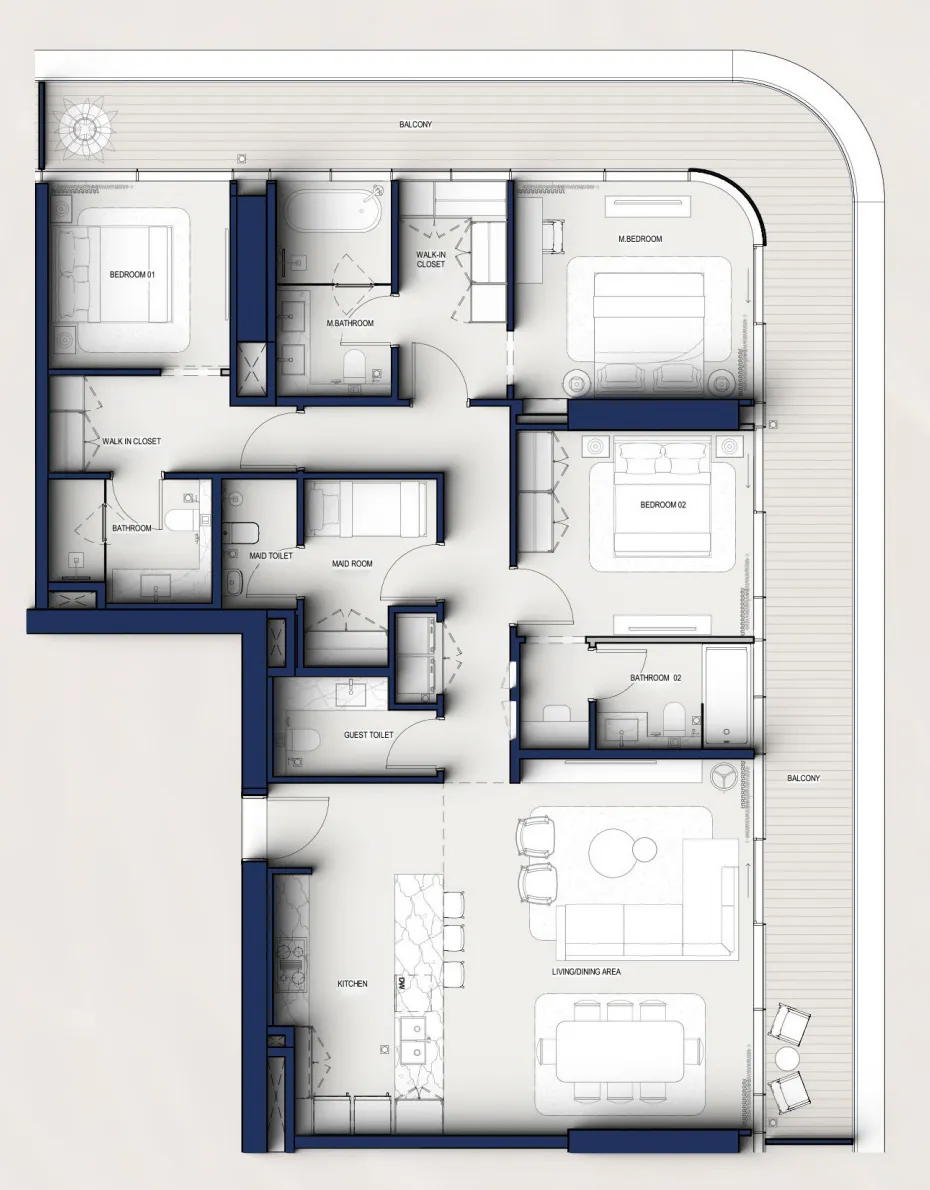 Hilton Residences 3 bed floor plan, 2,075 sqft