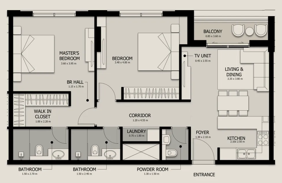 Al Mamsha Sharjah 2 bed floor plan, 1,192 – 1,590 sqft
