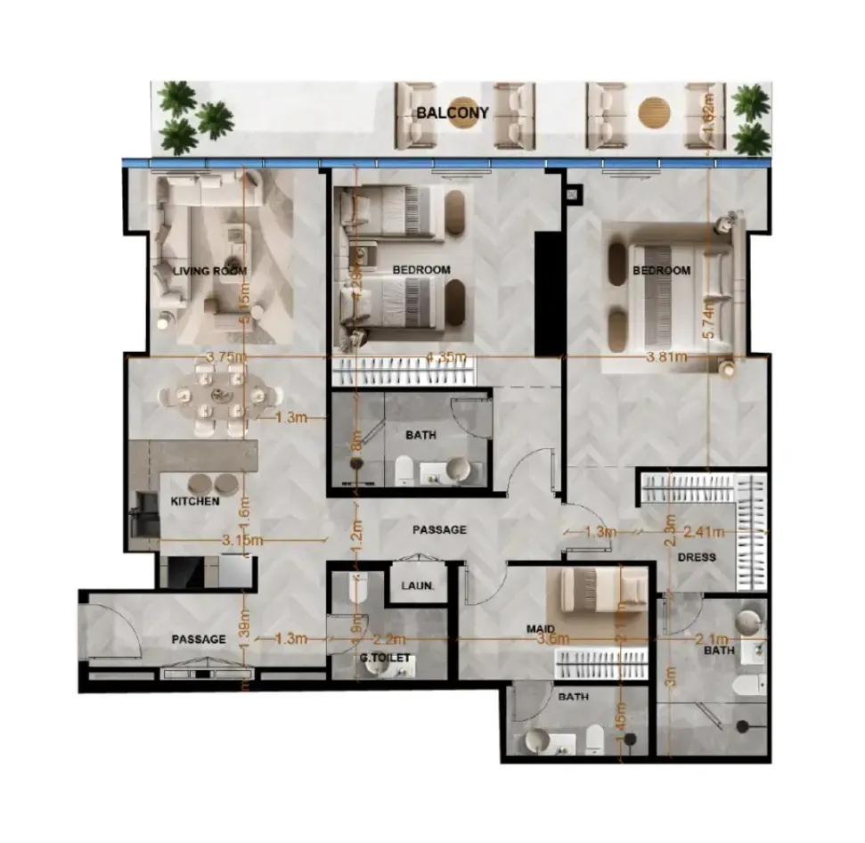 Radiant Terrace 2 bed floor plan, 1,538 sqft