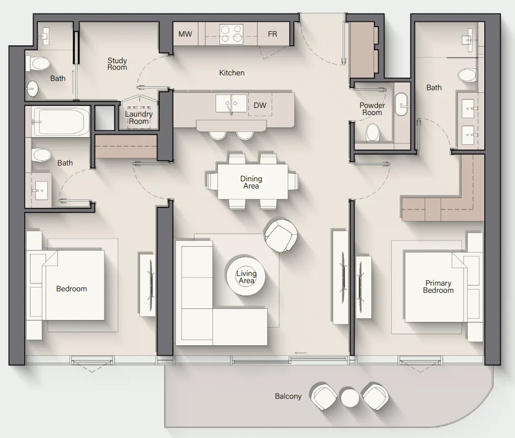 Costa Mare 2 bed floor plan, 1,442 sqft