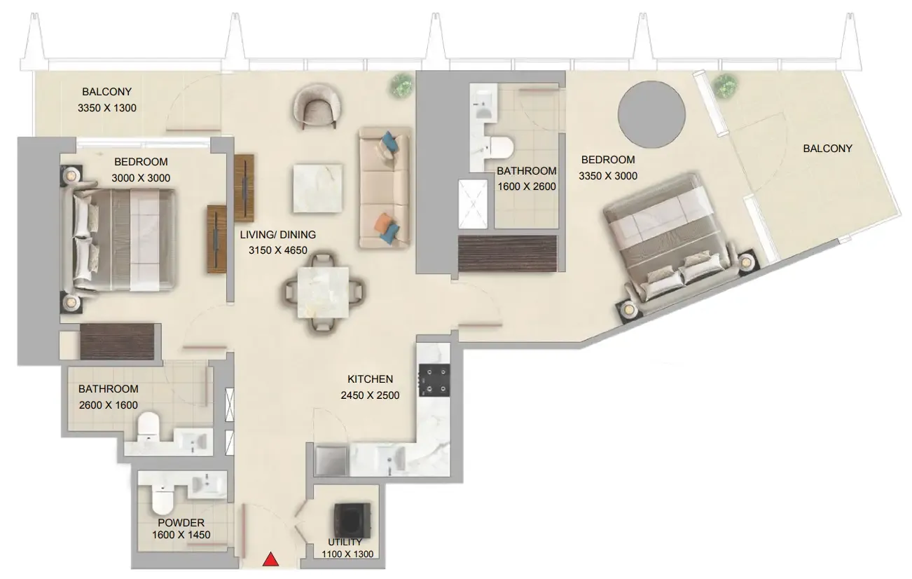 The Pinnacle at Sobha Central 2 bed floor plan, 998 sqft