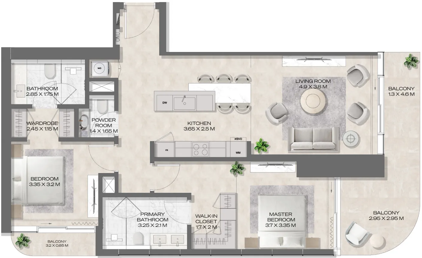 DWTN Residences 2 bed floor plan, 1,336 sqft