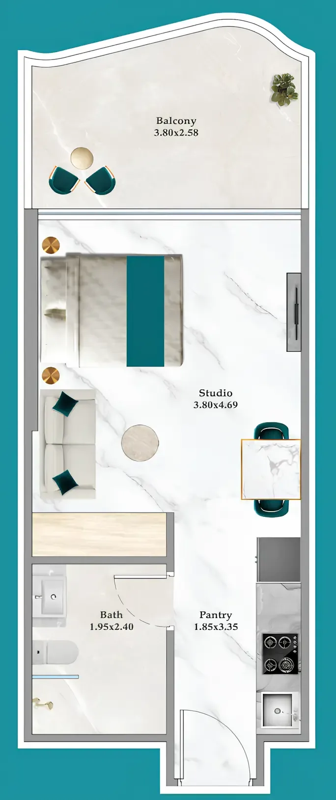 Breez Studio floor plan, 395 – 404 sqft