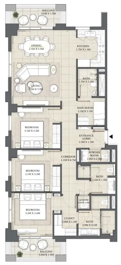 Cedar 3 bed floor plan, 1,476 sqft