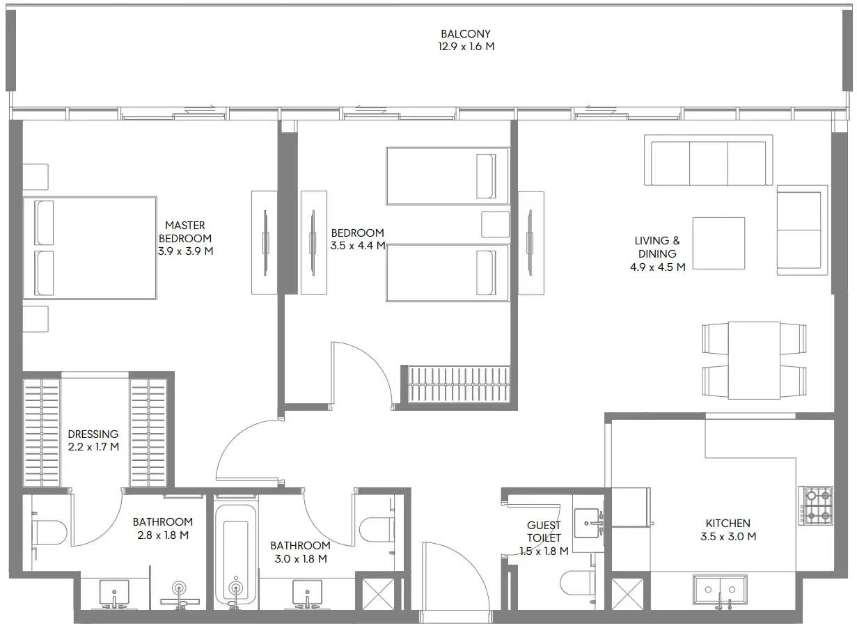 The Gate 5 2 bed floor plan, 1,294 – 1,302 sqft