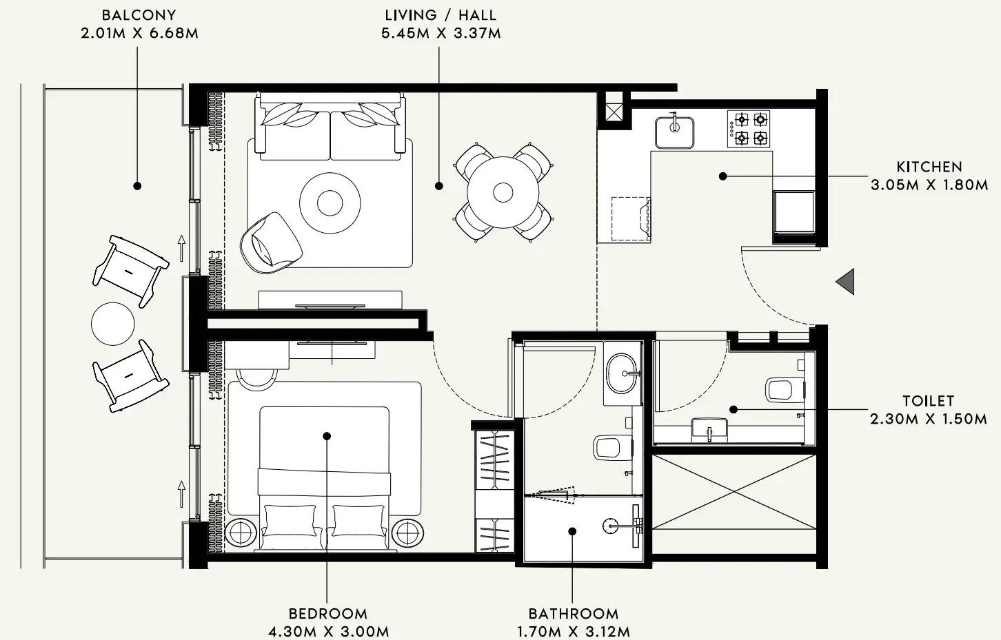 Azizi Venice 1 bed floor plan, 742 sqft